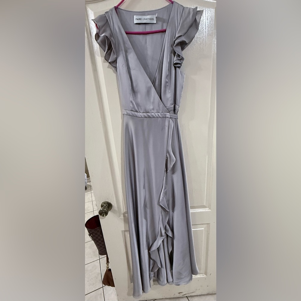 Fame Partners Elegant Mock wrap Gray Ruffle Sleeve Dress